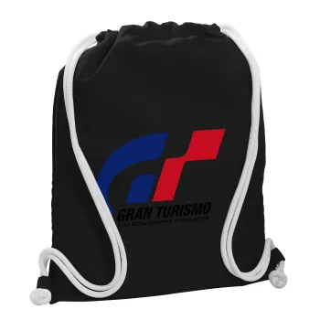gran turismo, Τσάντα πλάτης πουγκί GYMBAG Μαύρη, με τσέπη (40x48cm) & χονδρά λευκά κορδόνια