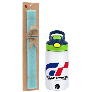 gran turismo, Easter Set, Children's thermal stainless steel bottle with safety straw, green/blue (350ml) & aromatic flat Easter candle (30cm) (TURQUOISE)