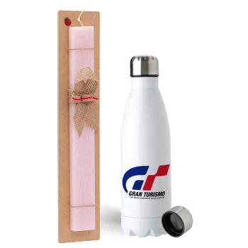 gran turismo, Easter Set, metallic stainless steel water bottle (750ml) & scented flat Easter candle (30cm) (PINK)
