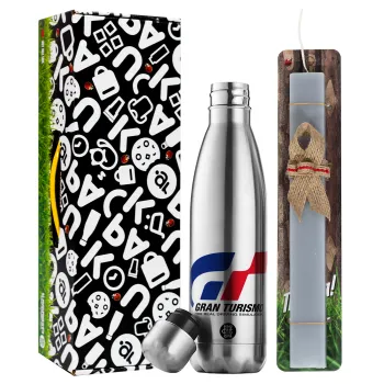 gran turismo, Easter Set, metallic stainless thermos flask (500ml) & scented flat Easter candle (30cm) (GRAY)