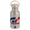 Stainless steel metallic thermos flask, silver with a bamboo lid, double-walled, 350ml.