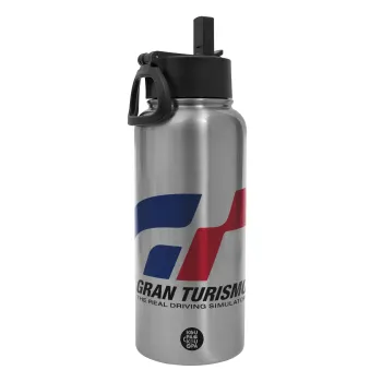 gran turismo, Metal mug thermo Silver with Straw and Spout Lid (Stainless steel), double wall, 950ml