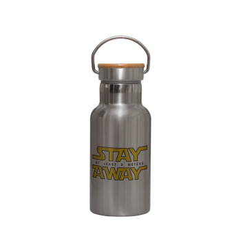Stay Away, Stainless steel metallic thermos flask, silver with a bamboo lid, double-walled, 350ml.