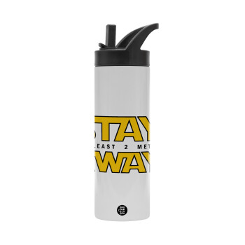Stay Away, Metallic thermos bottle with straw & handle, stainless steel (Stainless steel 304), double-walled, 600ml.