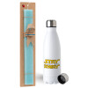 Easter Set, metallic stainless steel water bottle (750ml) & aromatic flat Easter candle (30cm) (TURQUOISE)