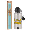 Easter Set, metallic silver aluminum water bottle (500ml) & scented flat Easter candle (30cm) (TURQUOISE)