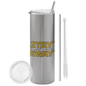 Stay Away, Eco friendly stainless steel Silver tumbler 600ml, with metal straw & cleaning brush