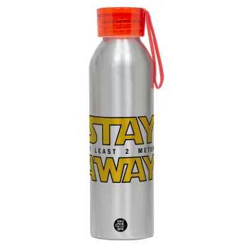 Stay Away, Αλουμινένιο Αθλητικό Μπουκάλι 650ml – Ασημί με Κόκκινο Καπάκι και Λουράκι Σιλικόνης