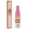 Easter Set, Metallic pink/white (Stainless steel) thermos, double-walled, 500ml & aromatic flat Easter candle (30cm) (PINK)