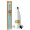 Easter Set, metallic stainless steel water bottle (750ml) & aromatic flat Easter candle (30cm) (TURQUOISE)