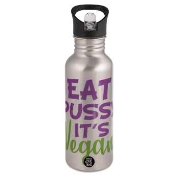EAT pussy it's vegan, Water bottle Silver with straw, stainless steel 600ml