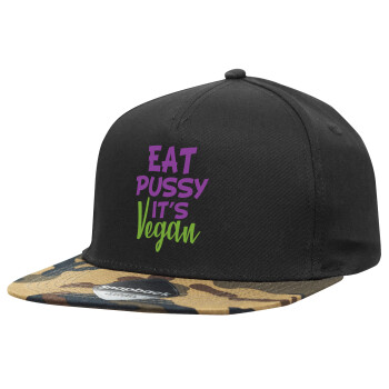 EAT pussy it's vegan, Καπέλο Ενηλίκων Flat Snapback Μαύρο/Παραλαγή, (100% ΒΑΜΒΑΚΕΡΟ, ΕΝΗΛΙΚΩΝ, UNISEX, ONE SIZE)