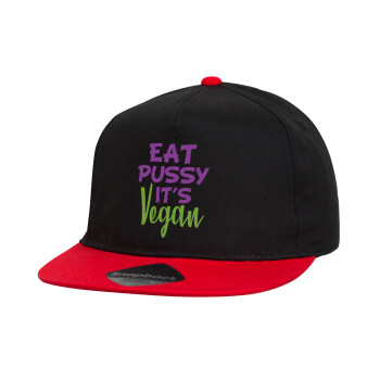 EAT pussy it's vegan, Καπέλο παιδικό Flat Snapback, Μαύρο/Κόκκινο (100% ΒΑΜΒΑΚΕΡΟ, ΠΑΙΔΙΚΟ, UNISEX, ONE SIZE)