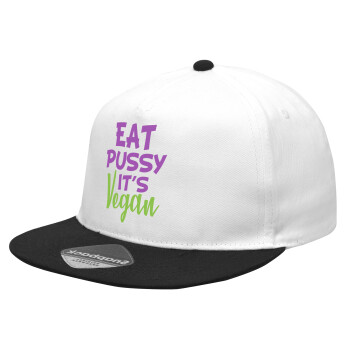 EAT pussy it's vegan, Καπέλο Ενηλίκων Flat Snapback Λευκό/Μαύρο, (POLYESTER, ΕΝΗΛΙΚΩΝ, UNISEX, ONE SIZE)