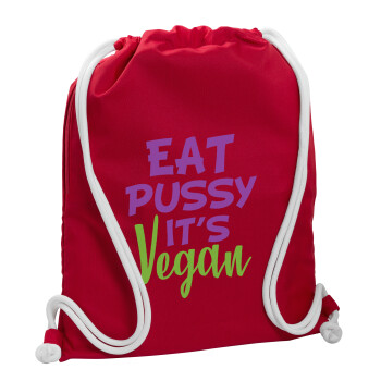 EAT pussy it's vegan, Τσάντα πλάτης πουγκί GYMBAG Κόκκινη, με τσέπη (40x48cm) & χονδρά κορδόνια