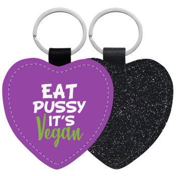 EAT pussy it's vegan, Μπρελόκ PU δερμάτινο glitter καρδιά ΜΑΥΡΟ