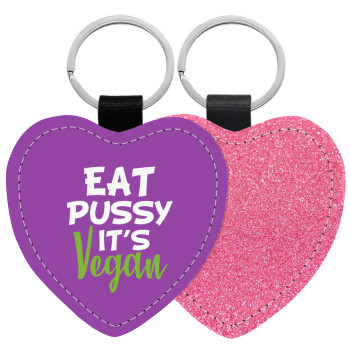 EAT pussy it's vegan, Μπρελόκ PU δερμάτινο glitter καρδιά ΡΟΖ