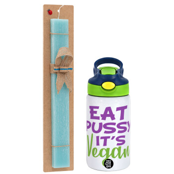 EAT pussy it's vegan, Easter Set, Children's thermal stainless steel bottle with safety straw, green/blue (350ml) & aromatic flat Easter candle (30cm) (TURQUOISE)