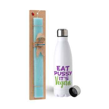 EAT pussy it's vegan, Easter Set, metallic stainless steel water bottle (750ml) & aromatic flat Easter candle (30cm) (TURQUOISE)