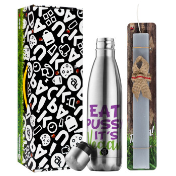 EAT pussy it's vegan, Easter Set, metallic stainless thermos flask (500ml) & scented flat Easter candle (30cm) (GRAY)