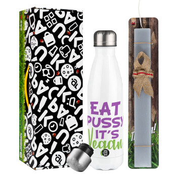 EAT pussy it's vegan, Easter candle, metallic white thermos bottle (500ml) & aromatic flat candle (30cm) (GRAY)