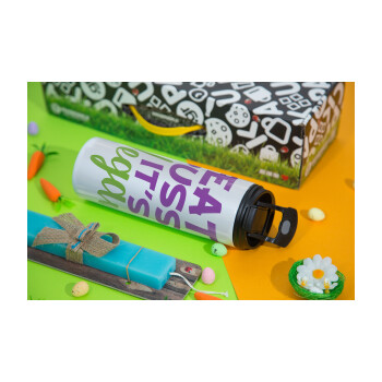 EAT pussy it's vegan, Easter candle,Travel Tumbler 2 Lids, with metal straw & cleaning brush & aromatic flat candle (30cm) (BLUE)