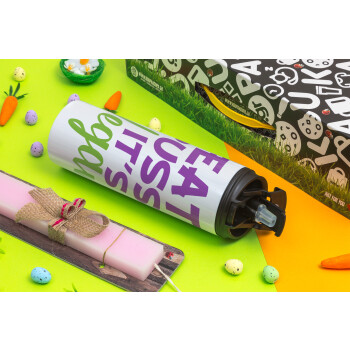 EAT pussy it's vegan, Easter candle,Travel Tumbler 2 Lids, with metal straw & cleaning brush & aromatic flat candle (30cm) (PINK)