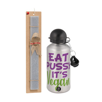 EAT pussy it's vegan, Easter Set, metallic silver aluminum water bottle (500ml) & aromatic flat Easter candle (30cm) (GRAY)