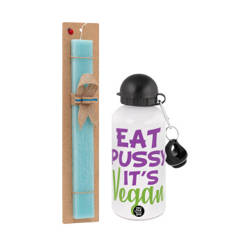 EAT pussy it's vegan, Easter Set, metallic aluminum water bottle (500ml) & scented flat candle (30cm) (TURQUOISE)