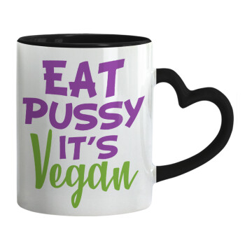 EAT pussy it's vegan, Κούπα καρδιά χερούλι μαύρη, κεραμική, 330ml
