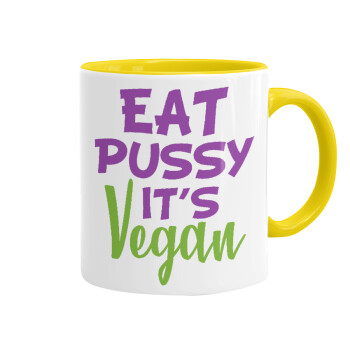 EAT pussy it's vegan, Mug colored yellow, ceramic, 330ml