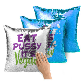 EAT pussy it's vegan, Μαξιλάρι καναπέ Μαγικό Μπλε με πούλιες 40x40cm περιέχεται το γέμισμα