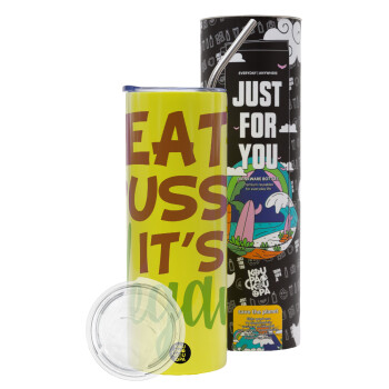 EAT pussy it's vegan, Neon Yellow Travel Tumbler θερμό, μεταλλικό καλαμάκι(Ανωξείδωτο 304 Food grade, BPA free, 600ml)