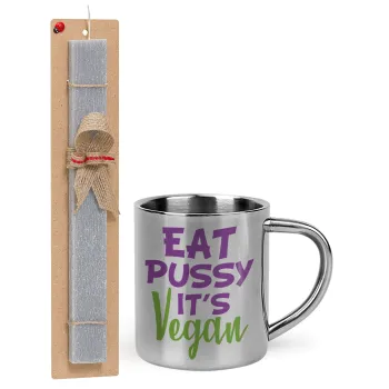EAT pussy it's vegan, Easter Set, metallic thermal cup (300ml) & Easter aromatic flat candle (30cm) (GRAY)