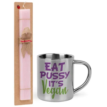 EAT pussy it's vegan, Easter Set, metallic thermal cup (300ml) & aromatic flat Easter candle (30cm) (PINK)