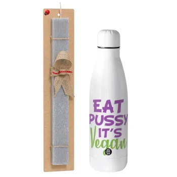 EAT pussy it's vegan, Easter Set, metallic stainless thermos bottle (500ml) & scented flat Easter candle (30cm) (GRAY)