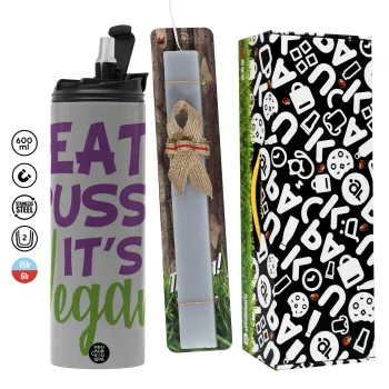 EAT pussy it's vegan, Πασχαλινή Λαμπάδα με Travel Tumbler θερμό (600ml, BPA free) & κερί αρωματικό πλακέ (30cm) (ΓΚΡΙ)