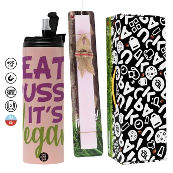 EAT pussy it's vegan, Πασχαλινή Λαμπάδα με  ΡΟΖ Travel Tumbler θερμό (600ml, BPA free) & κερί αρωματικό πλακέ (30cm) (ΡΟΖ)