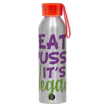 EAT pussy it's vegan, Αλουμινένιο Αθλητικό Μπουκάλι 650ml – Ασημί με Κόκκινο Καπάκι και Λουράκι Σιλικόνης