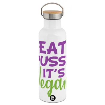 EAT pussy it's vegan, Stainless steel White with wooden lid (bamboo), double wall, 750ml