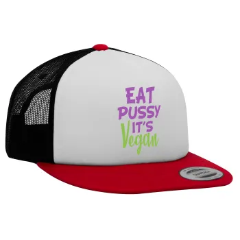 EAT pussy it's vegan, Adult Foam Flat Snapback with Mesh Red-White-Black (POLYESTER, ADULT, UNISEX, ONE SIZE)