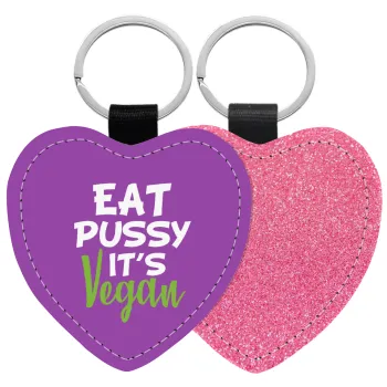 EAT pussy it's vegan, Μπρελόκ PU δερμάτινο glitter καρδιά ΡΟΖ