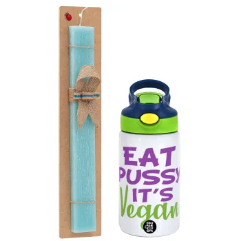 EAT pussy it's vegan, Πασχαλινή Λαμπάδα με Παιδικό παγούρι θερμό, ανοξείδωτο, με καλαμάκι ασφαλείας, πράσινο/μπλε (350ml) & κερί αρωματικό πλακέ (30cm) (ΤΙΡΚΟΥΑΖ)