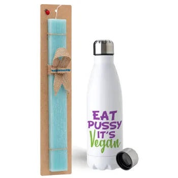 EAT pussy it's vegan, Easter Set, metallic stainless steel water bottle (750ml) & aromatic flat Easter candle (30cm) (TURQUOISE)