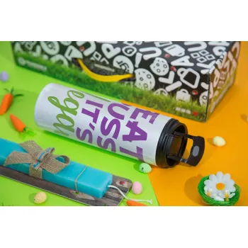 EAT pussy it's vegan, Easter candle,Travel Tumbler 2 Lids, with metal straw & cleaning brush & aromatic flat candle (30cm) (BLUE)