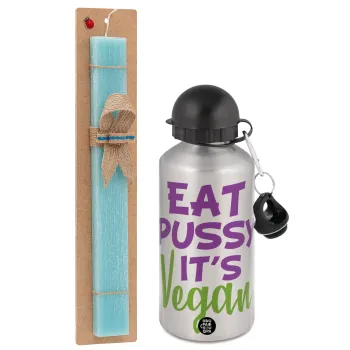 EAT pussy it's vegan, Easter Set, metallic silver aluminum water bottle (500ml) & scented flat Easter candle (30cm) (TURQUOISE)