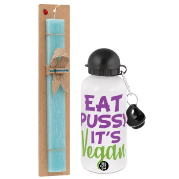 EAT pussy it's vegan, Easter Set, metallic aluminum water bottle (500ml) & scented flat candle (30cm) (TURQUOISE)