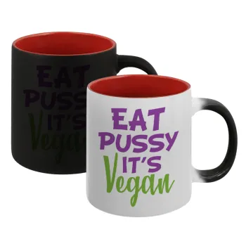 EAT pussy it's vegan, Κούπα Μαγική εσωτερικό κόκκινο, κεραμική, 330ml που αλλάζει χρώμα με το ζεστό ρόφημα