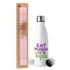 Easter Set, metallic stainless steel water bottle (750ml) & scented flat Easter candle (30cm) (PINK)