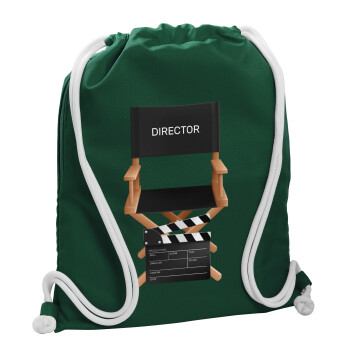 Director, Τσάντα πλάτης πουγκί GYMBAG BOTTLE GREEN, με τσέπη (40x48cm) & χονδρά λευκά κορδόνια